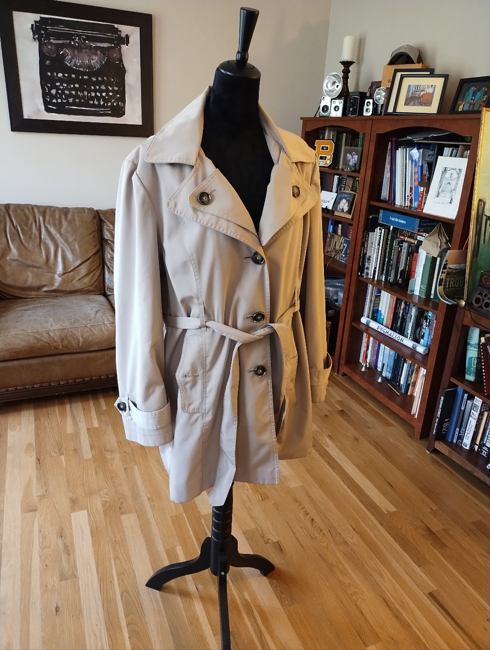 London Fog Hooded Trench Coat With Tie Waist Color: Khaki, Stone Size: XL